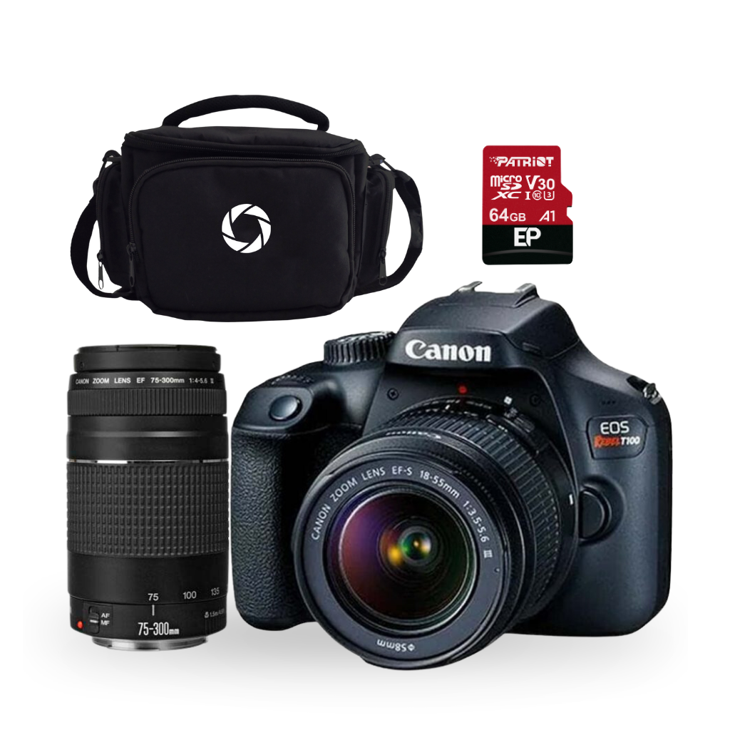 COMBO 49 CAM. T100 EF-S 18-55 MM DC III CANON+LENTE EF 75-300MM + MEMORIA 64GB+MALET