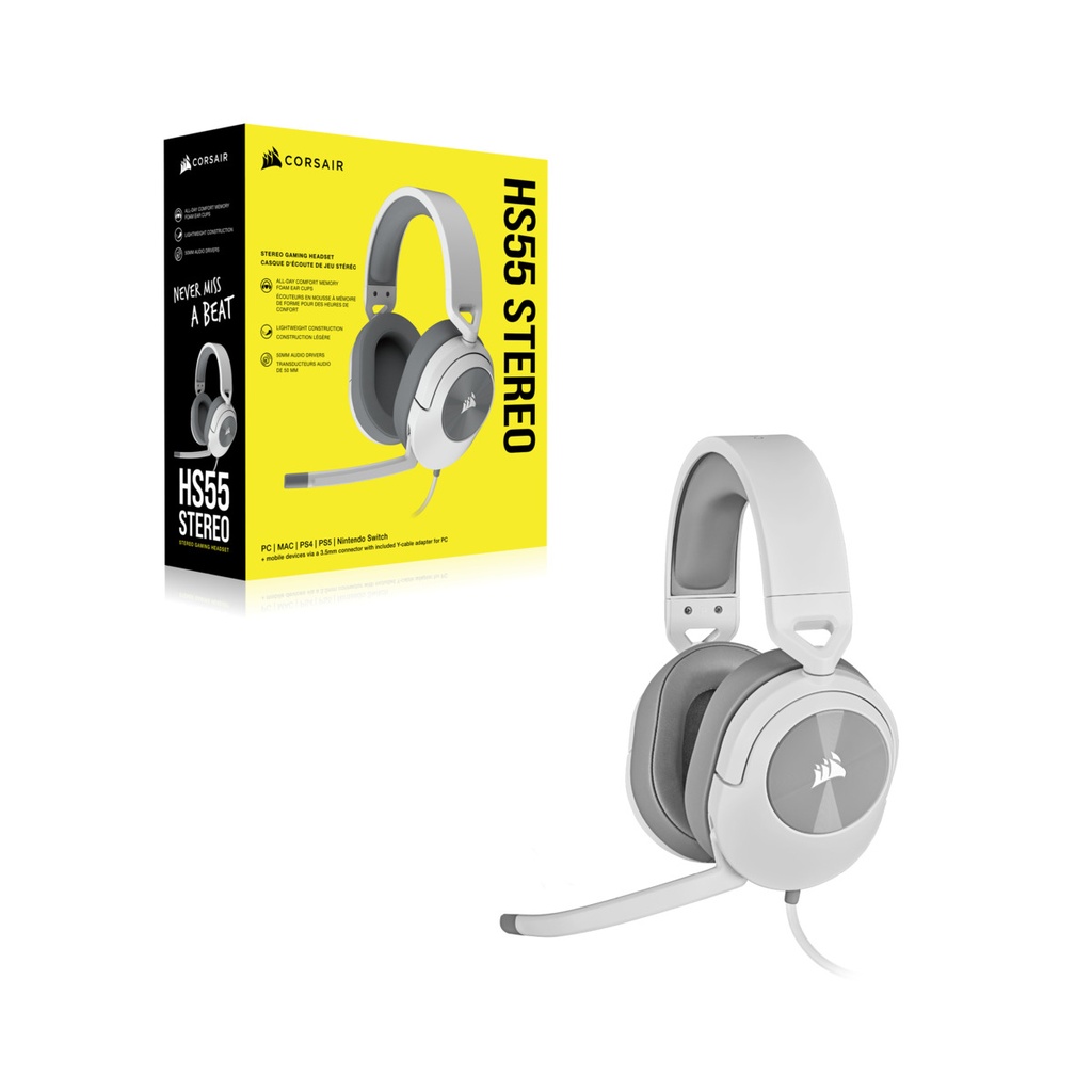 AURICULARES GAMING CORSAIR HS55 ESTÉREO, WHITE, 3.5 MM, 1.8 M, PC-MAC-PLAYSTATION-XBOX-MOBILE.