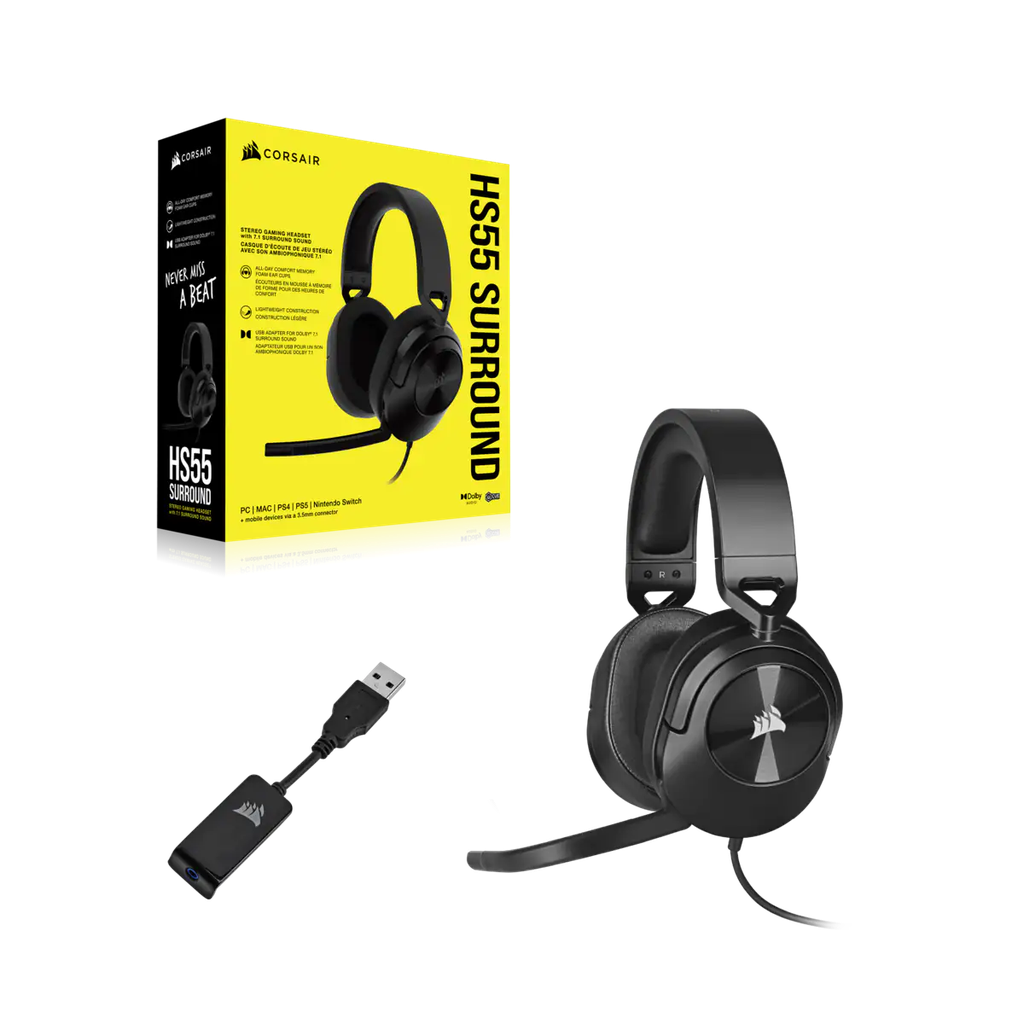 CORSAIR HS55 SURROUND GAMING HEADSET, CARBON