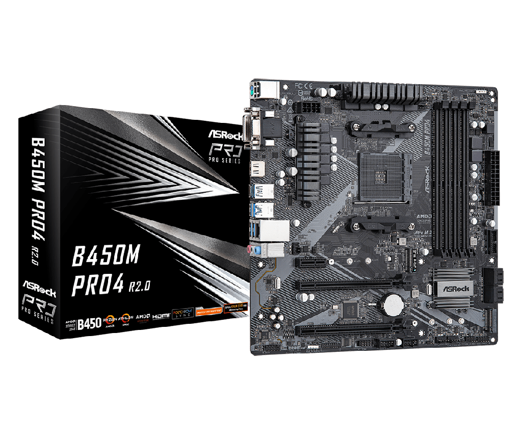 PLACA ASROCK B450M PRO4 R2.0, AMD AM4, DDR4 128GB-3200MHZ, M.2 PCIE GEN3 X4, HDMI.