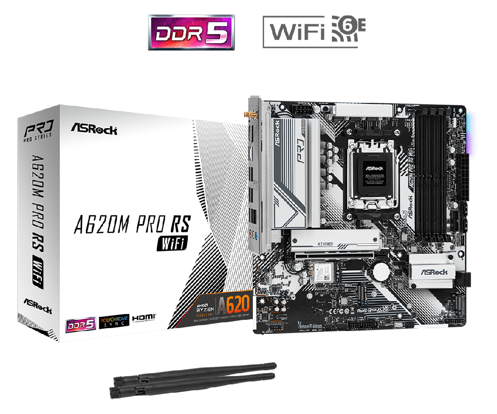 PLACA ASROCK A620M PRO RS WIFI, AMD SOCKET AM5 RYZEN SERIE 7000, 4 DIMM DDR5 7200+ MHZ.