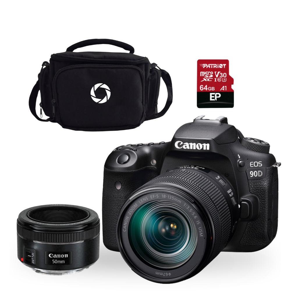CAMARA DSLR CANON EOS 90D EF-S 18-135MM IS USM + EF 50MM STM + ESTUCHE + MEMORIA (COMBO 72)