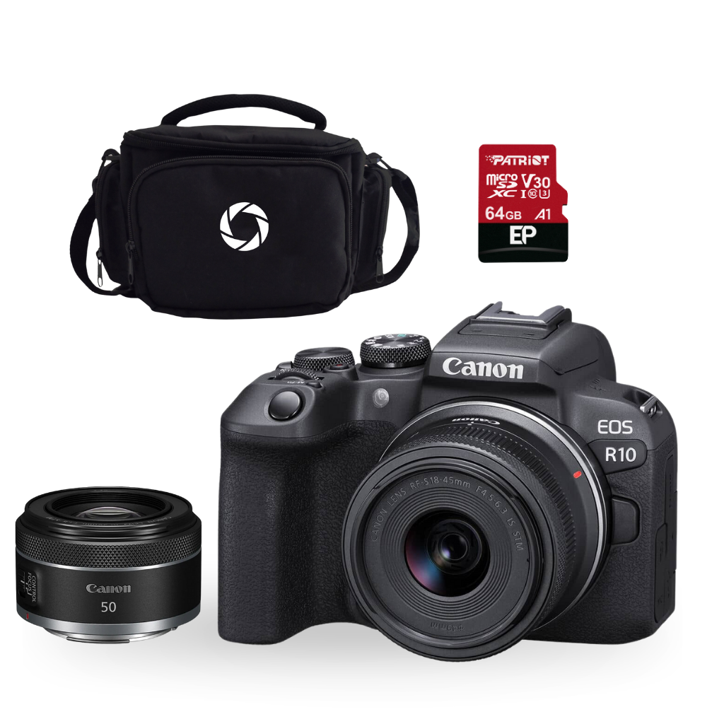 CAMARA MIRRORLESS CANON EOS R10 RF-S 18-45MM IS STM+RF 50MM IS STM+ESTUCHE+MEMORIA (COMBO  92)